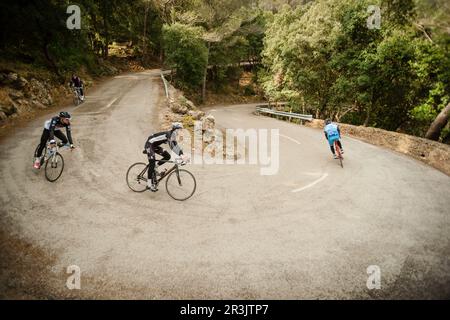 Ciclistas ascendiendo el Coll DHonor, carretera Bunyola-Orient, sierra de Tramuntana, mallorca, balearen, España, europa. Stockfoto