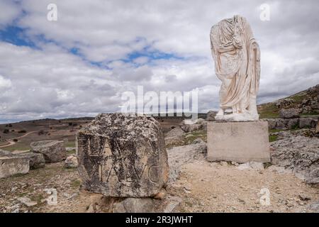 Teatro Romano, Parque arqueológico de Segóbriga, Saelices, Cuenca, Castilla-La Mancha, Spanien. Stockfoto