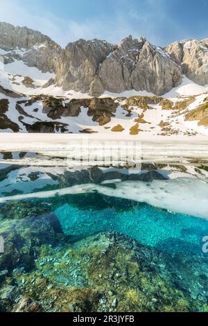 Drachensee in der Nähe der Berghütte coburger HÃ¼tte, Tirol, letztes schneeklares Wasser Stockfoto