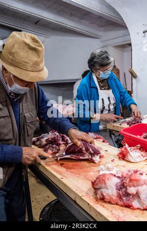 Traditionelle Schlachtung des mallorquinischen schwarzen Schweins, Mallorca, Balearen, Spanien. Stockfoto