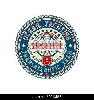 Yachtclub Retro Patch, Segel Regatta Abzeichen. Marine Adventure Retro Label, Segelsport Vector Patch oder Ocean Travel Vintage Emblem. Nautische Regatta rundes Symbol mit Lenkrad, Lorbeerkranz Stock Vektor