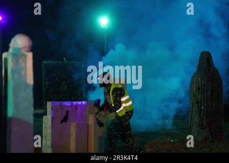 Zombie-Angriff, Paint Ball Marratxi, Mallorca, Balearen, Spanien. Stockfoto