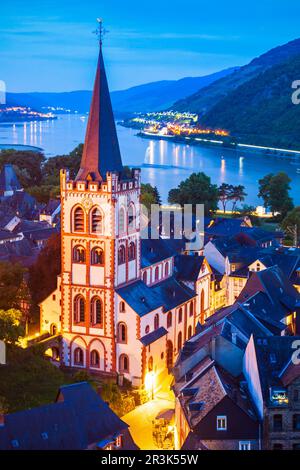 Bacharach Antenne Panoramablick. Bacharach ist eine kleine Stadt im Rheintal in Rheinland-Pfalz, Deutschland Stockfoto