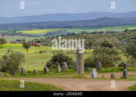 Conjunto de menhires, Crómlech de Levante, Monsaraz, Alentejo, Portugal. Stockfoto