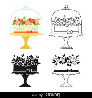 Blumen und Beeren in Form von Hochzeiten- oder Geburtstagskuchen. Cartoon Celebration Dessertsymbol, Stempel, Line Doodle-Design-Set. Party köstlicher Cupcake süße Bäckerei. Weihnachtskuchen Dekoration Gebäck Vektor Stock Vektor