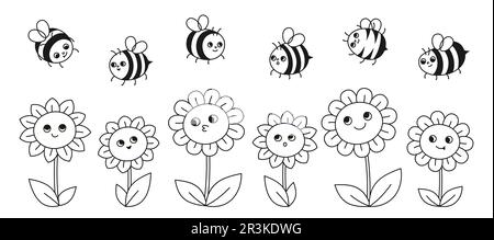 Süßes Cartoon-Set mit Bienenhonig und Blumen. Comics Kinder Honigbienen Insektenfiguren mit lustigen Gesichtern. Süße, handgezeichnete Sommer-Comic-Smiley-Streifen Bienen Retro-Design Vektordarstellung Stock Vektor