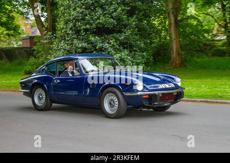 1972 70s Seventies Blue British Triumph GT6 auf der Lytham Hall St Annes Classic & Performance Motor Vehicle Show mit Oldtimern, Großbritannien Stockfoto