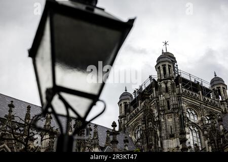 DEN BOSCH - die Tage der Menschen gehen über den Dachkamm und um den Celebration Tower der monumentalen Kathedrale St. John. Jetzt, da die Schiefer auf dem Dach ausgetauscht werden, ist dieser Aufstieg eine einzigartige Gelegenheit, da die Installation eines solchen Gerüsts und Gehwerks erst in 100 Jahren möglich sein wird. ANP ROB ENGELAAR niederlande raus - belgien raus Stockfoto