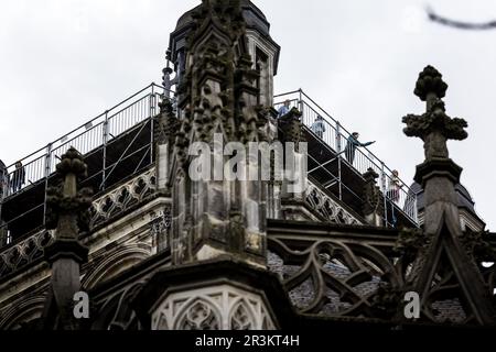 DEN BOSCH - die Tage der Menschen gehen über den Dachkamm und um den Celebration Tower der monumentalen Kathedrale St. John. Jetzt, da die Schiefer auf dem Dach ausgetauscht werden, ist dieser Aufstieg eine einzigartige Gelegenheit, da die Installation eines solchen Gerüsts und Gehwerks erst in 100 Jahren möglich sein wird. ANP ROB ENGELAAR niederlande raus - belgien raus Stockfoto