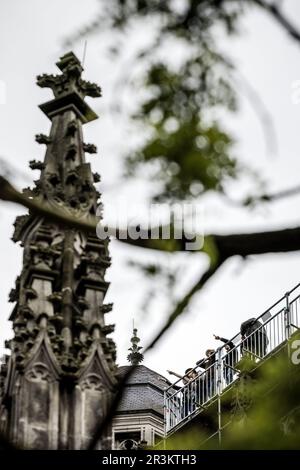 DEN BOSCH - die Tage der Menschen gehen über den Dachkamm und um den Celebration Tower der monumentalen Kathedrale St. John. Jetzt, da die Schiefer auf dem Dach ausgetauscht werden, ist dieser Aufstieg eine einzigartige Gelegenheit, da die Installation eines solchen Gerüsts und Gehwerks erst in 100 Jahren möglich sein wird. ANP ROB ENGELAAR niederlande raus - belgien raus Stockfoto