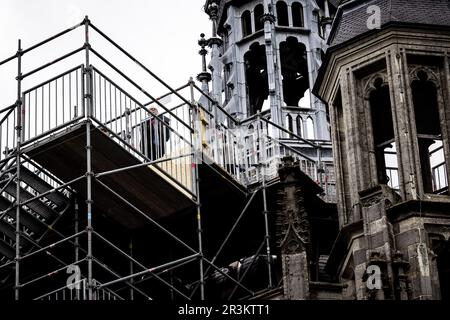 DEN BOSCH - die Tage der Menschen gehen über den Dachkamm und um den Celebration Tower der monumentalen Kathedrale St. John. Jetzt, da die Schiefer auf dem Dach ausgetauscht werden, ist dieser Aufstieg eine einzigartige Gelegenheit, da die Installation eines solchen Gerüsts und Gehwerks erst in 100 Jahren möglich sein wird. ANP ROB ENGELAAR niederlande raus - belgien raus Stockfoto