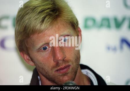 Boris Becker, deutscher Tennisspieler, Porträt bei Pressekonferenz. Stockfoto