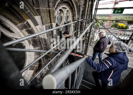 DEN BOSCH - die Tage der Menschen gehen über den Dachkamm und um den Celebration Tower der monumentalen Kathedrale St. John. Jetzt, da die Schiefer auf dem Dach ausgetauscht werden, ist dieser Aufstieg eine einzigartige Gelegenheit, da die Installation eines solchen Gerüsts und Gehwerks erst in 100 Jahren möglich sein wird. ANP ROB ENGELAAR niederlande raus - belgien raus Stockfoto