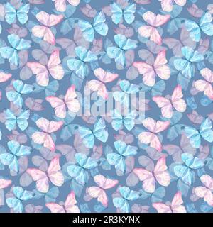 Süße Schmetterlinge, handgezeichnet, wasserfarbenes, nahtloses Muster. Zarte blaue und lila Schmetterlinge mit Aquarellflecken, Aquarellbild drauf Stockfoto