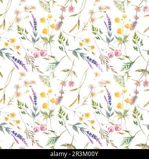 Florales Aquarellmuster mit Blumen auf weißem Hintergrund isoliert. Sommerweide. Zarter Textildruck in Aquarellfarben Stockfoto