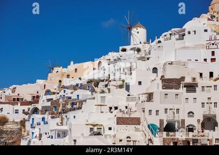 Wunderschöner Panoramablick von der alten Burg des Dorfes Oia mit traditionellen weißen Häusern und Windmühlen auf der Insel Santorin in AE Stockfoto