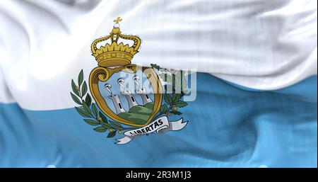 Nahaufnahme der San Marino Nationalflagge, die im Wind winkt Stockfoto