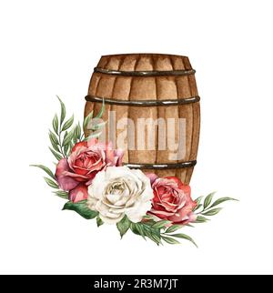 Wasserfarbener Holzschaft mit Blumenmuster. Rote Rosen Blumen. Bauernhaus-Roktick-Hochzeit Stockfoto