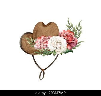 Aquarelle Blumenmütze. Westlicher Hut und Blumen. Bauernhaus-Roktick-Hochzeit Stockfoto