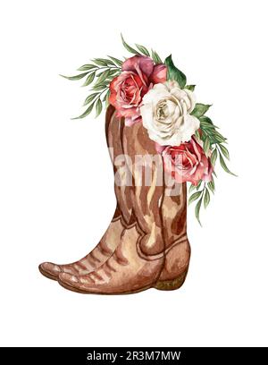 Aquarelle Blumen in Stiefeln. Cowboystiefel und Blumen. Bauernhaus-Roktick-Hochzeit. Westlicher Clipart Stockfoto