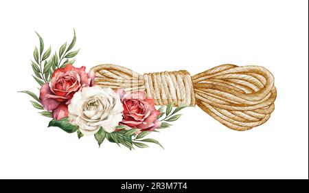 Aquarell geblümtes Seil. Westliches Seil und Blumen. Bauernhaus-Roktick-Hochzeit Stockfoto