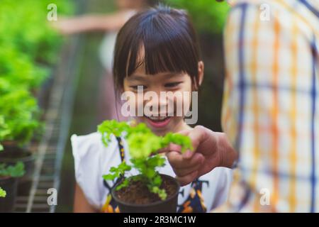 Süßes Mädchen, das ihrer Mutter hilft, sich um die Pflanzen zu kümmern. Mutter lehrt Tochter, wie man im Gewächshaus Pflanzen in Töpfen anbaut. Kleines Familienunternehmen. Stockfoto