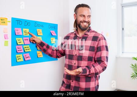 Ein weißer Mann mit Pferdeschwanz schreibt für die Sprintplanung auf ein Scrumboard, Produktbesitzer Stockfoto