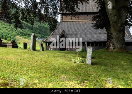 Die Kirche in Hopperstad am Sognefjord Stockfoto