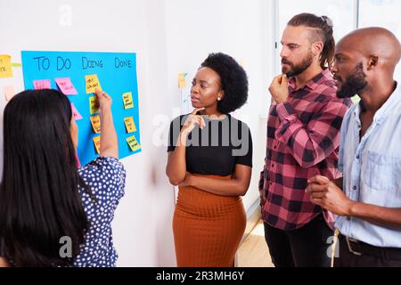 Das Scrum-Team nimmt täglich an Stand-up-Aktivitäten auf KANBAN-Boards und Entwicklern von Apps für Mobilgeräte Teil Stockfoto