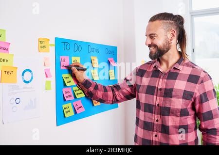 Ein weißer Mann mit Pferdeschwanz schreibt für die Sprintplanung auf ein Scrumboard, Produktbesitzer Stockfoto