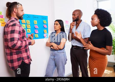 Das Scrum-Team nimmt täglich an Stand-up-Aktivitäten auf KANBAN-Boards und Entwicklern von Apps für Mobilgeräte Teil Stockfoto