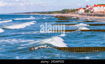 Blick auf die Küste von Zelenogradsk mit alten hölzernen Wellenbrechern. Vor 1946 ist diese Stadt unter dem deutschen Namen Cranz bekannt. Heute ist sie eine Stadt in der Oblast Kaliningrad. Stockfoto
