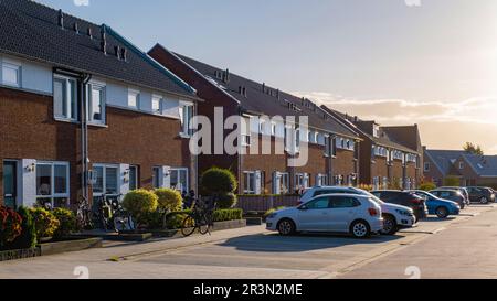 Niederländisches Vorstadtgebiet mit modernen Familienhäusern, neu gebauten modernen Familienhäusern in den Niederlanden Stockfoto