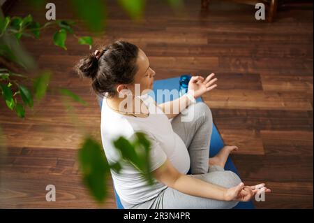 Spirituelles und emotionales Konzept der Harmonie in Schwangerschaft und Mutterschaft. Schwangere Frau, die Yoga praktiziert. Draufsicht Stockfoto