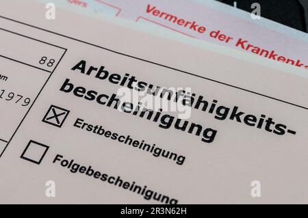 Arbeitsunfähigkeitsnachweis - Krankenschein in Deutschland Stockfoto