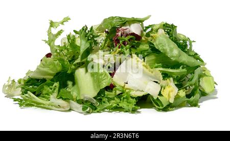 Mischung aus Salatblättern escariole, Frisee, Radicchio, Rucola auf einem weißen isolierten Hintergrund, diätetische gesunde Lebensmittel. Stockfoto