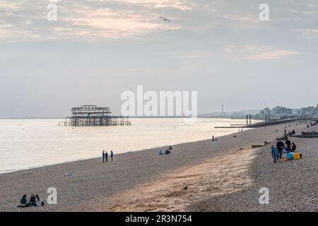 Die berühmten Überreste des West Pier in Brighton an einem sonnigen Abend, Brighton Beach, East Sussex, England, Großbritannien Stockfoto