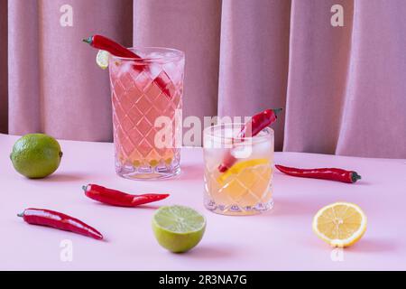 Transparente Gläser gefüllt mit kalten erfrischenden Cocktails serviert mit Chili-Paprika und Eiswürfeln auf dem Tisch mit Zitronen und Limetten Stockfoto