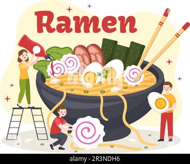 Ramen-Vektor-Illustration japanischer Speisen mit Nudeln, Chopsticks, Miso-Suppe, gekochten Eiern und gegrilltem Nori in flachen, handgezeichneten Cartoon-Vorlagen Stock Vektor