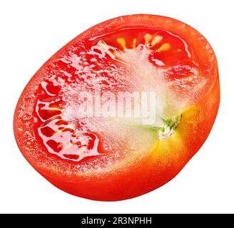 Rote Tomatenhälfte ohne Stamm isoliert auf weißem Hintergrund mit Schnittpfad Stockfoto