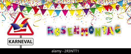 Warnschild Karneval Rosenmontag Confetti Girlanden White Header Stockfoto