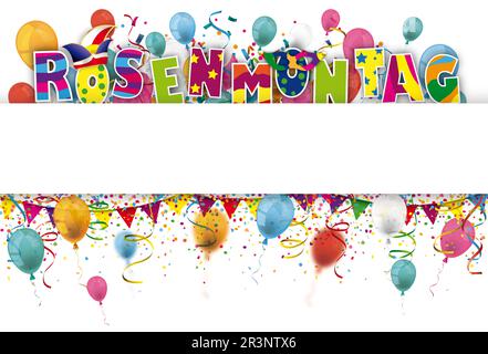 Rosenmontag Confetti Ballons Bänder White Stripe Header Stockfoto