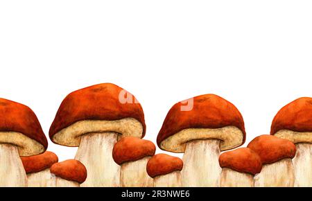 Aquarelle Herbstgrenze mit Pilzen isoliert auf weißem Hintergrund. Handgemalte Illustration für das Design von Schreibwaren, Postern, Tapeten Stockfoto