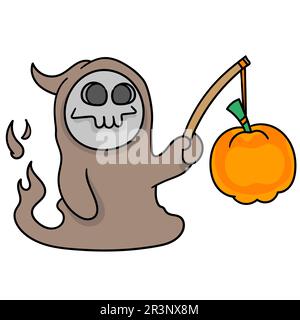 Der Engel des Todes, der mit Kürbislaternen läuft. Bild des doodle-Symbols Stockfoto