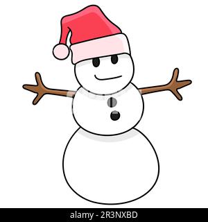 Schneemann mit weihnachtsmannmütze. Bild des doodle-Symbols Stockfoto