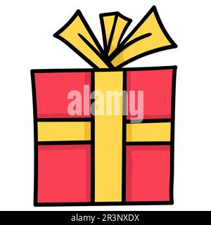 Geschenkbox mit wunderschönen Bändern. Bild des doodle-Symbols Stockfoto