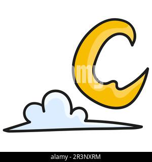 Kawaii-Doodle-Bild von Halbmond und bewölkten Wolken bei Nacht. Bild des doodle-Symbols Stockfoto