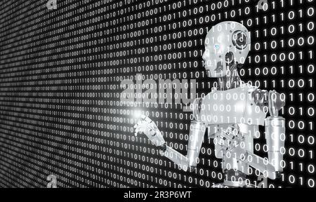 KI, Konzept der künstlichen Intelligenz. Deep Learning und maschinelles Lernen. Der Roboter lernt und entscheidet, an welchem Punkt auf dem binären Bildschirm er sich berühren soll Stockfoto