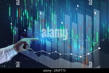 Holographisches Diagramm mit steigenden Zinsen und Indikatoren. Geschäftswachstumskonzept, hohe Profitabilität, erfolgreiche Gründung. Das Wachstum Stockfoto