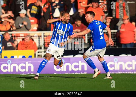 24. Mai 2023; Tannadice Park, Dundee, Schottland: Scottish Premiership Football, Dundee United gegen Kilmarnock; Kyle Vassell von Kilmarnock feiert nach 0-1 Punkten in Minute 13 Stockfoto